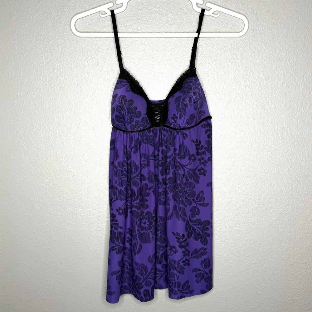 VTG Y2K Fairycore Purple Floral Babydoll Nightgown L Molded Cup Lace Chemise
